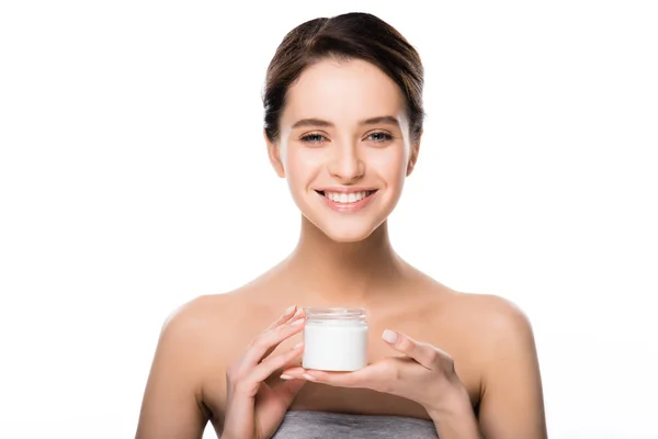 Cheerful Girl Holding Container Cosmetic Cream Isolated White — Stock Photo, Image
