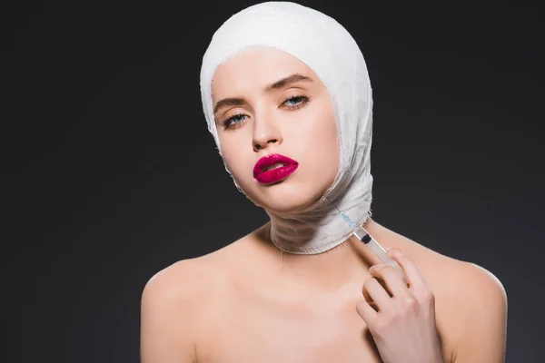 Young Woman Bandaged Head Holding Syringe Isolated Grey — Stock Photo, Image