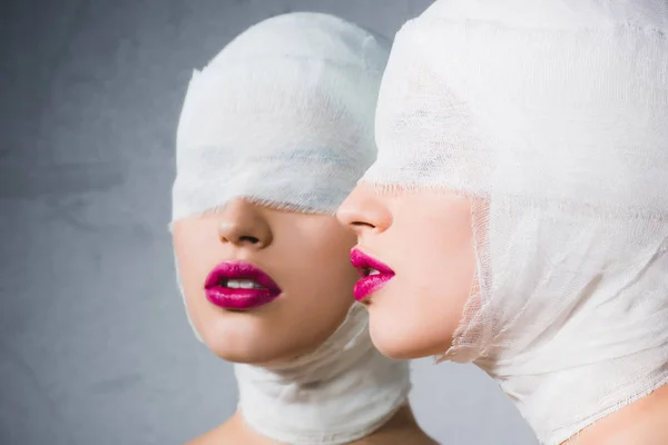 Mirror Reflection Woman Bandaged Head Eyes Grey — Stock Photo, Image