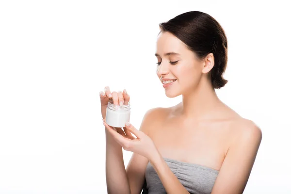 Cheerful Brunette Woman Looking Container Face Cream Smiling Isolated White — Stock Photo, Image