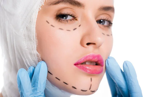 Cropped View Plastic Surgeon Latex Gloves Touching Face Young Woman — Stock Photo, Image