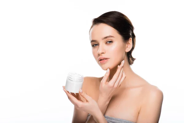 Pretty Woman Holding Container Cosmetic Cream Looking Camera Isolated White — Stock Photo, Image