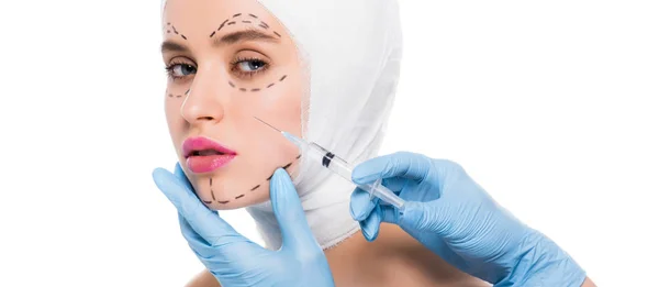 Panoramic Shot Plastic Surgeon Latex Gloves Holding Syringe Face Young — Stock Photo, Image