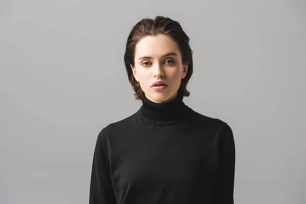 Attractive Young Woman Black Jumper Looking Camera Isolated Grey — Stock Photo, Image