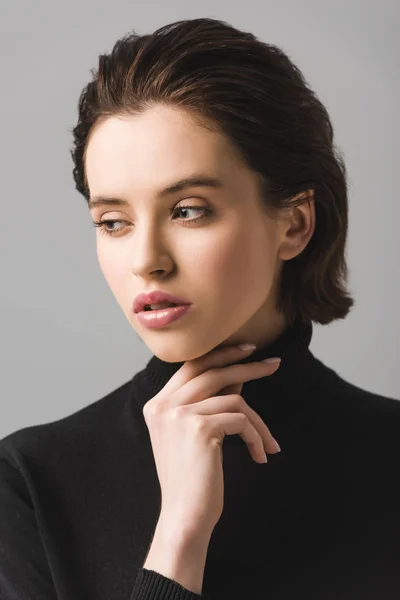 Pensive Young Woman Black Jumper Isolated Grey — Stock Photo, Image