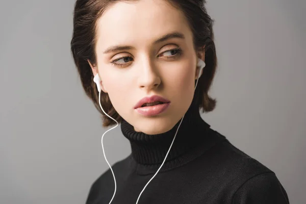 Beautiful Woman Black Jumper Listening Music Earphones Isolated Grey — Stock Photo, Image