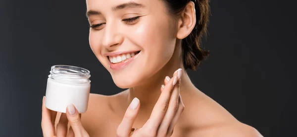 Panoramic Shot Cheerful Woman Holding Container Face Cream Smiling Isolated — Stock Photo, Image