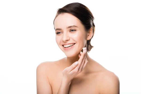 Cheerful Woman Applying Face Cream Smiling Isolated White — Stock Photo, Image