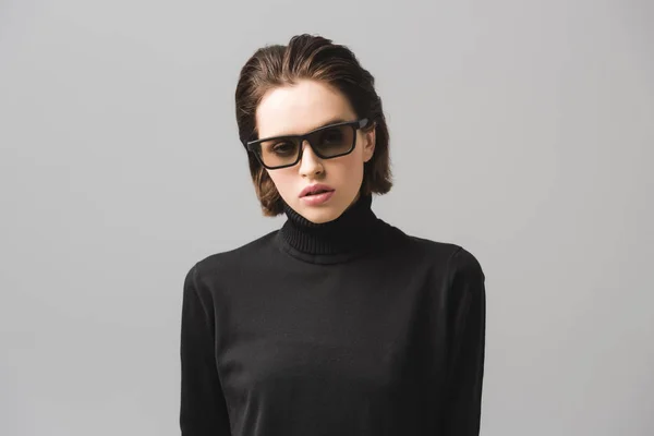 Attractive Young Woman Black Sweater Sunglasses Isolated Grey — Stock Photo, Image
