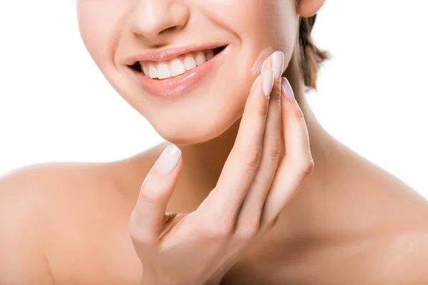 Cropped View Cheerful Woman Applying Face Cream Isolated White — Stock Photo, Image