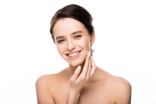 Cheerful Young Woman Applying Cosmetic Cream Isolated White — Stock Photo, Image