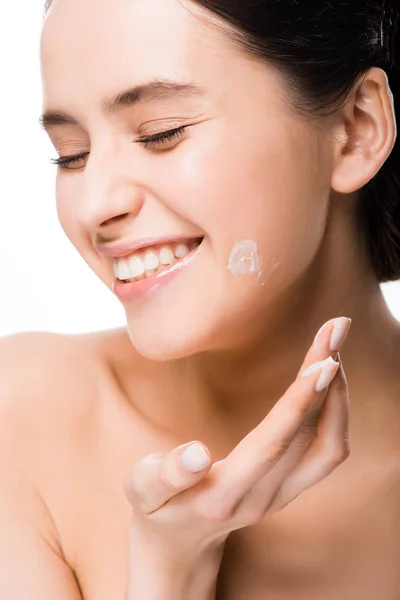 Cheerful Naked Young Woman Applying Cosmetic Cream Isolated White — Stock Photo, Image