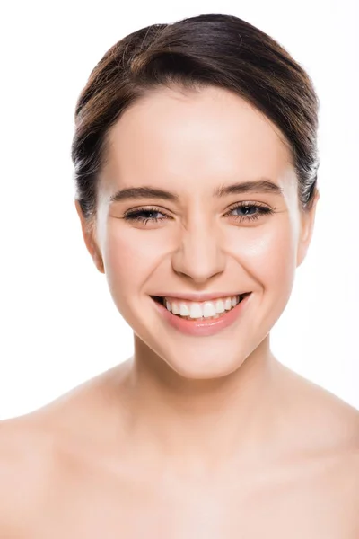 Beyaz Üzerinde Izole Kamera Görünümlü Gülümseyen Çıplak Genç Kadın — Stok fotoğraf