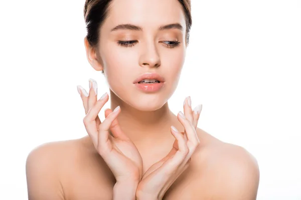 Naked Young Woman Face Cream Fingers Isolated White — Stock Photo, Image