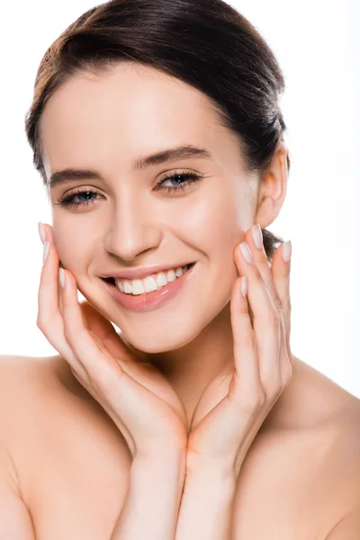 Happy Young Brunette Woman Touching Face Isolated White — Stock Photo, Image