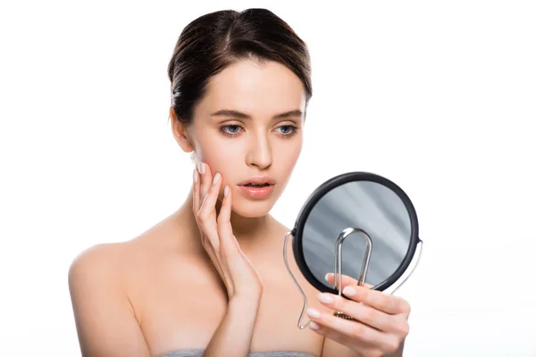 Beautiful Young Brunette Woman Touching Face Looking Mirror Isolated White — Stock Photo, Image