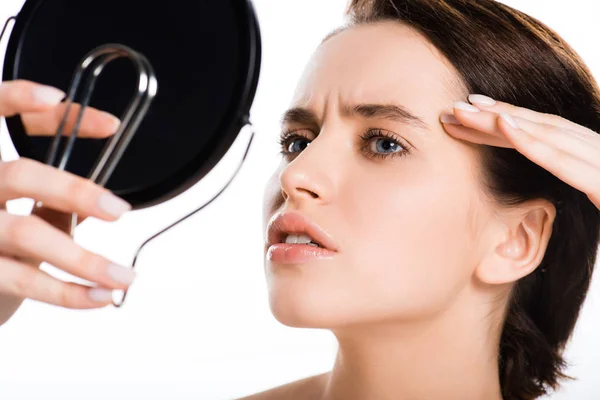 Selective Focus Young Brunette Woman Touching Face Looking Mirror Isolated — Stock Photo, Image