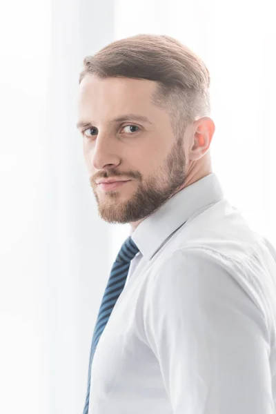 Handsome Successful Bearded Man Looking Camera Home — Stock Photo, Image