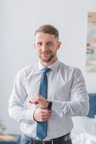 Cheerful Man Formal Wear Smiling While Touching Watch — Stock Photo, Image