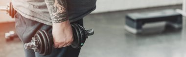 Kopya alanı ile spor salonunda dumbbell ile Kilolu dövmeli adam eğitim panoramik çekim