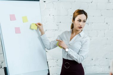 çekici iş koçu beyaz tahta yakınında duran ve yapışkan notlar parmak ile işaret 