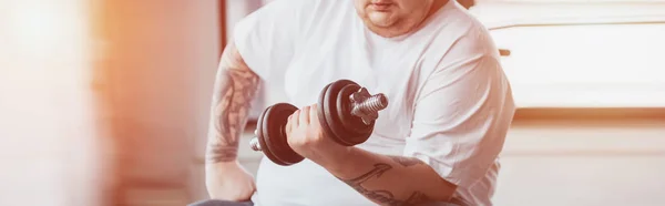 Panoramic Shot Overweight Tattooed Man Training Dumbbell Gym Sunlight — Stock Photo, Image