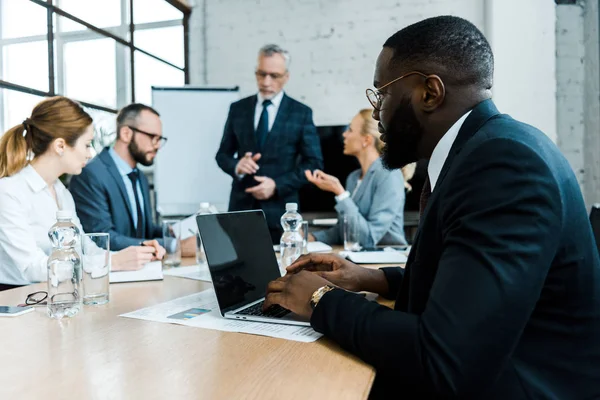 Selective Focus African American Man Using Laptop Blank Screen Business — Stock Photo, Image