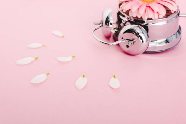 pembe gerbera çiçek ve yaprakları ile vintage çalar saat