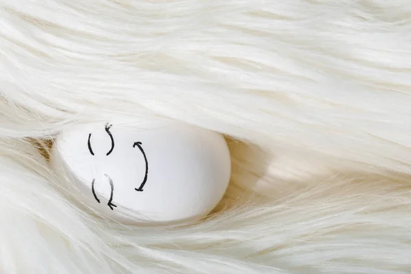 Vista Superior Huevo Con Expresión Cara Feliz Peluca Blanca — Foto de Stock