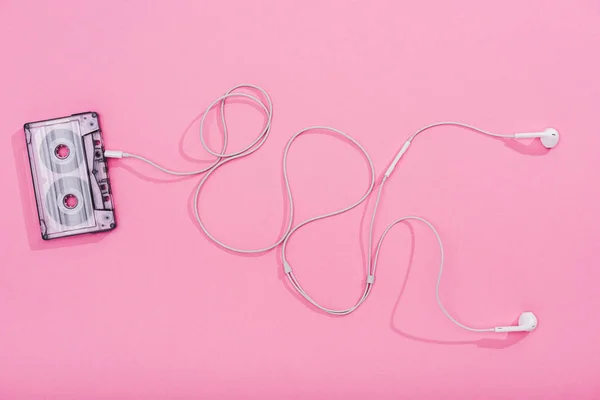 Top View Vintage Audio Cassette Earphones Pink Music Concept — Stock Photo, Image