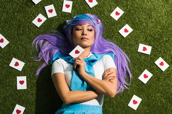 Top View Asian Anime Girl Cards Lying Grass — Stock Photo, Image