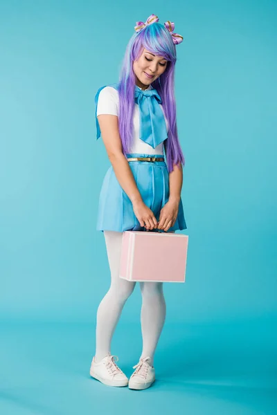 Full Length View Anime Girl Purple Wig Holding Briefcase Blue — Stock Photo, Image