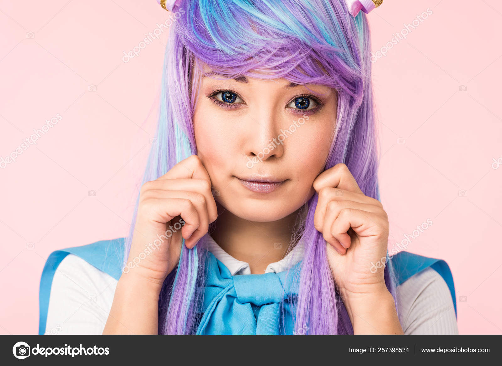 Pretty Asian Anime Girl Purple Wig Posing Isolated Pink ⬇ Stock Photo