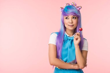 Pembe izole lolipop tutan peruk Dreamy asya anime kız