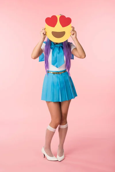 Visão Comprimento Total Menina Anime Meias Joelho Segurando Emoticon Paixão — Fotografia de Stock