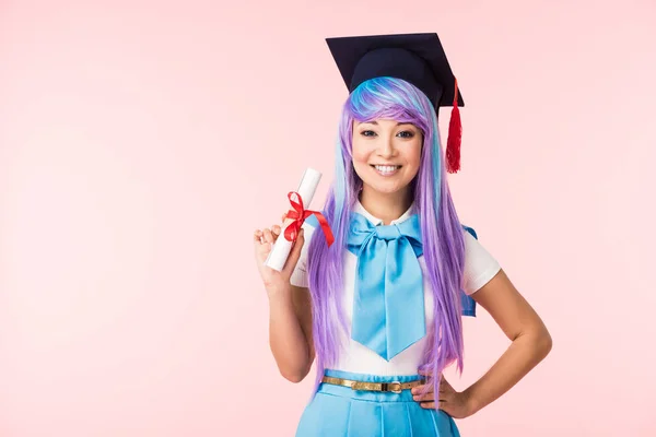 Asian Anime Girl Academic Cap Holding Diploma Isolated Pink — Stock Photo, Image