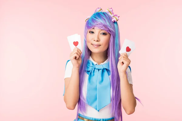 Charming Asian Anime Girl Purple Wig Holding Cards Hearts Isolated — Stock Photo, Image