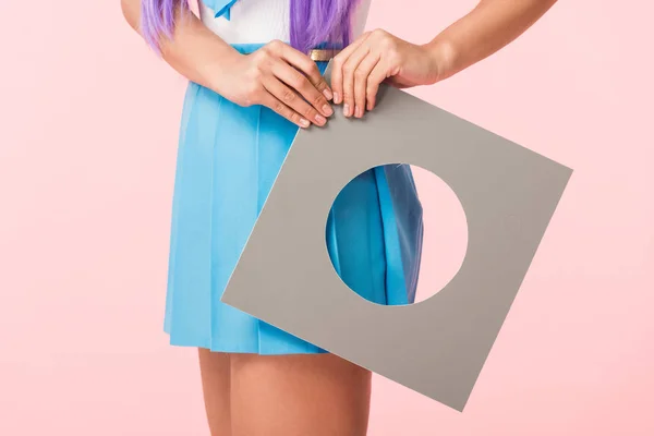 Partial View Girl Blue Skirt Holding Cardboard Isolated Pink — Stock Photo, Image