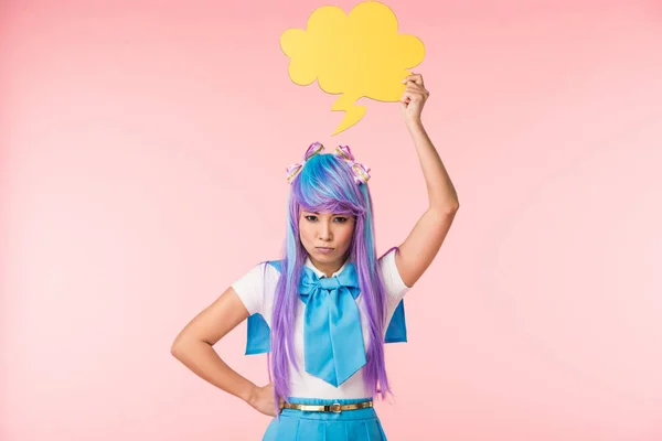 Dissatisfied Asian Anime Girl Holding Thought Bubble Pink — Stock Photo, Image