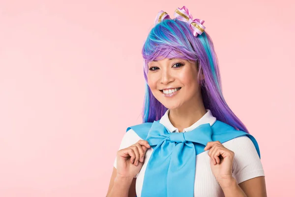 Smiling Otaku Girl Purple Wig Looking Camera Isolated Pink — Stock Photo, Image