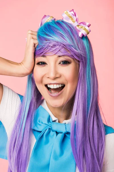 Laughing Asian Anime Girl Purple Wig Looking Camera Pink — Stock Photo, Image