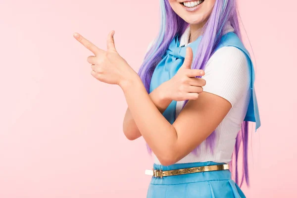 Beskuren Syn Joyful Anime Flicka Lila Peruk Pekar Med Fingrar — Stockfoto