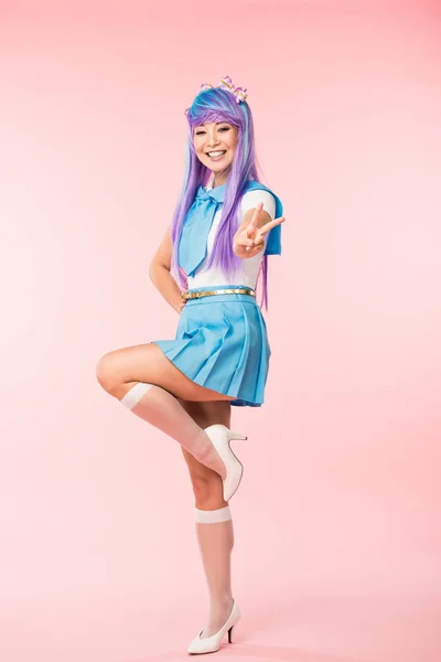 Full Length View Happy Asian Anime Girl Standing One Leg — Stock Photo, Image