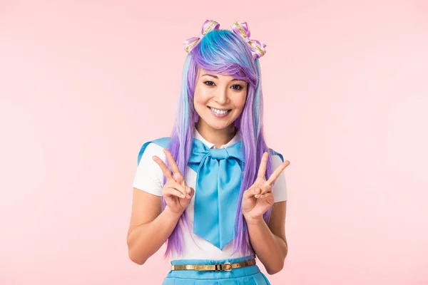 Joyful Asian Anime Girl Purple Wig Showing Peace Signs Isolated — Stock Photo, Image