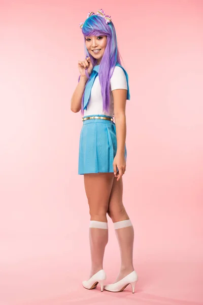 Vista Completa Chica Otaku Peluca Púrpura Sonriendo Rosa — Foto de Stock