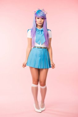 Full length view of sad asian anime girl standing on pink clipart