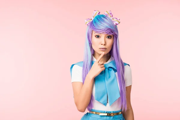 Pensive Asian Anime Girl Wig Posing Isolated Pink — Stock Photo, Image