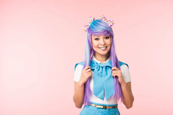 Laughing Asian Anime Girl Touching Hair Isolated Pink — Stock Photo, Image