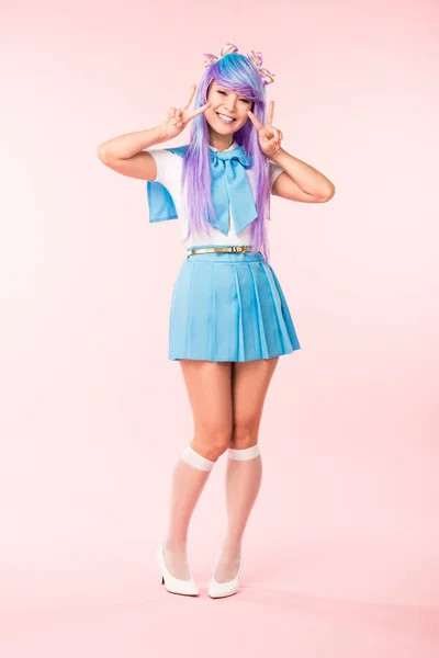 Full Length View Cheerful Asian Otaku Girl Showing Peace Signs — Stock Photo, Image