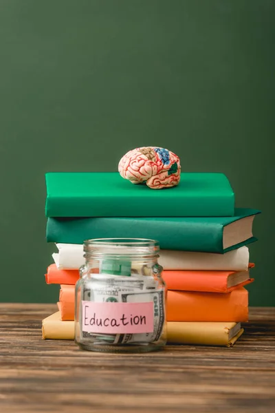 Libros Alcancía Cerebro Superficie Madera Aislado Verde — Foto de Stock